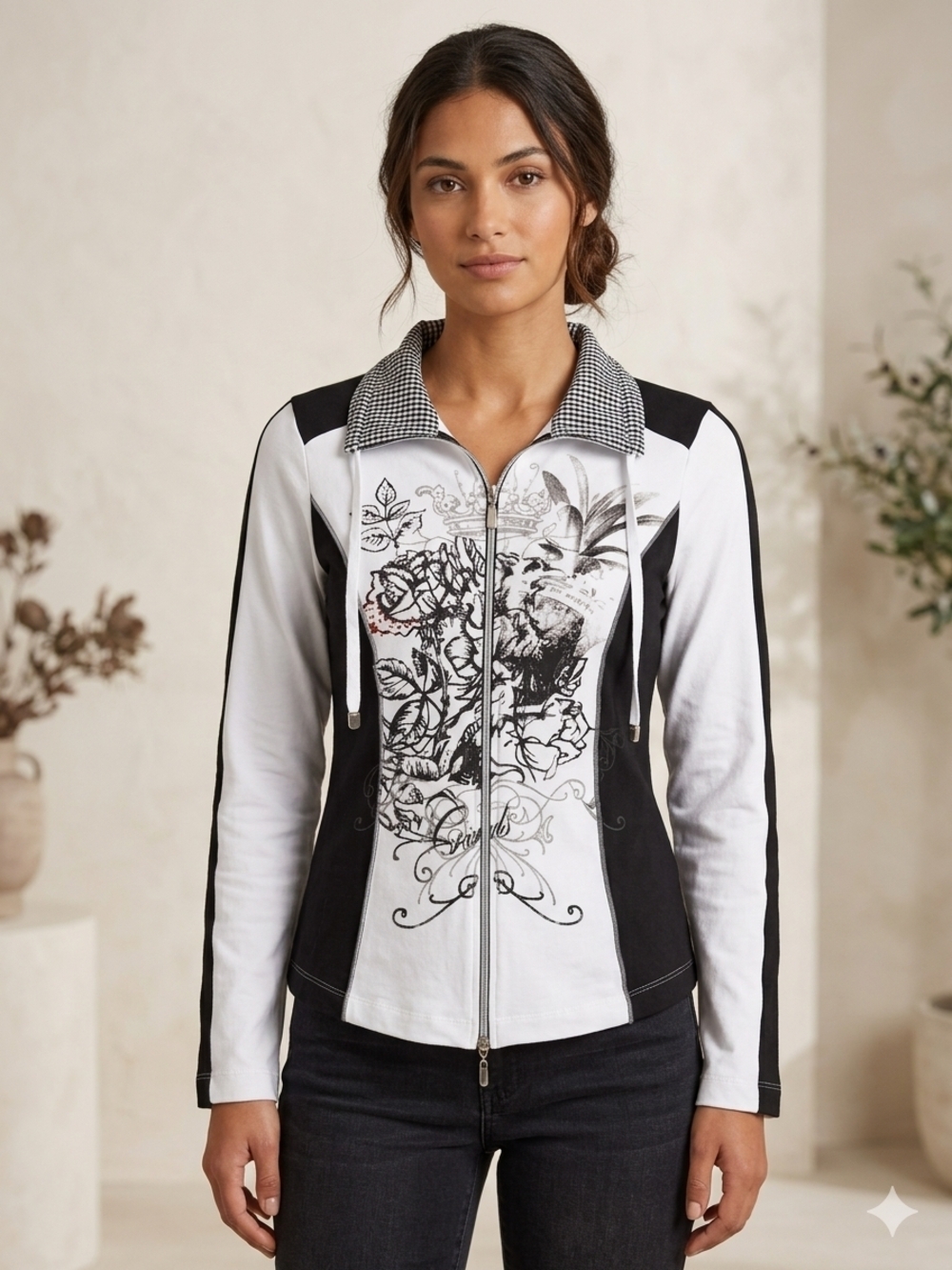 Y2K Ed Hardy Black & White Zip-Front Printed Sweatshirt